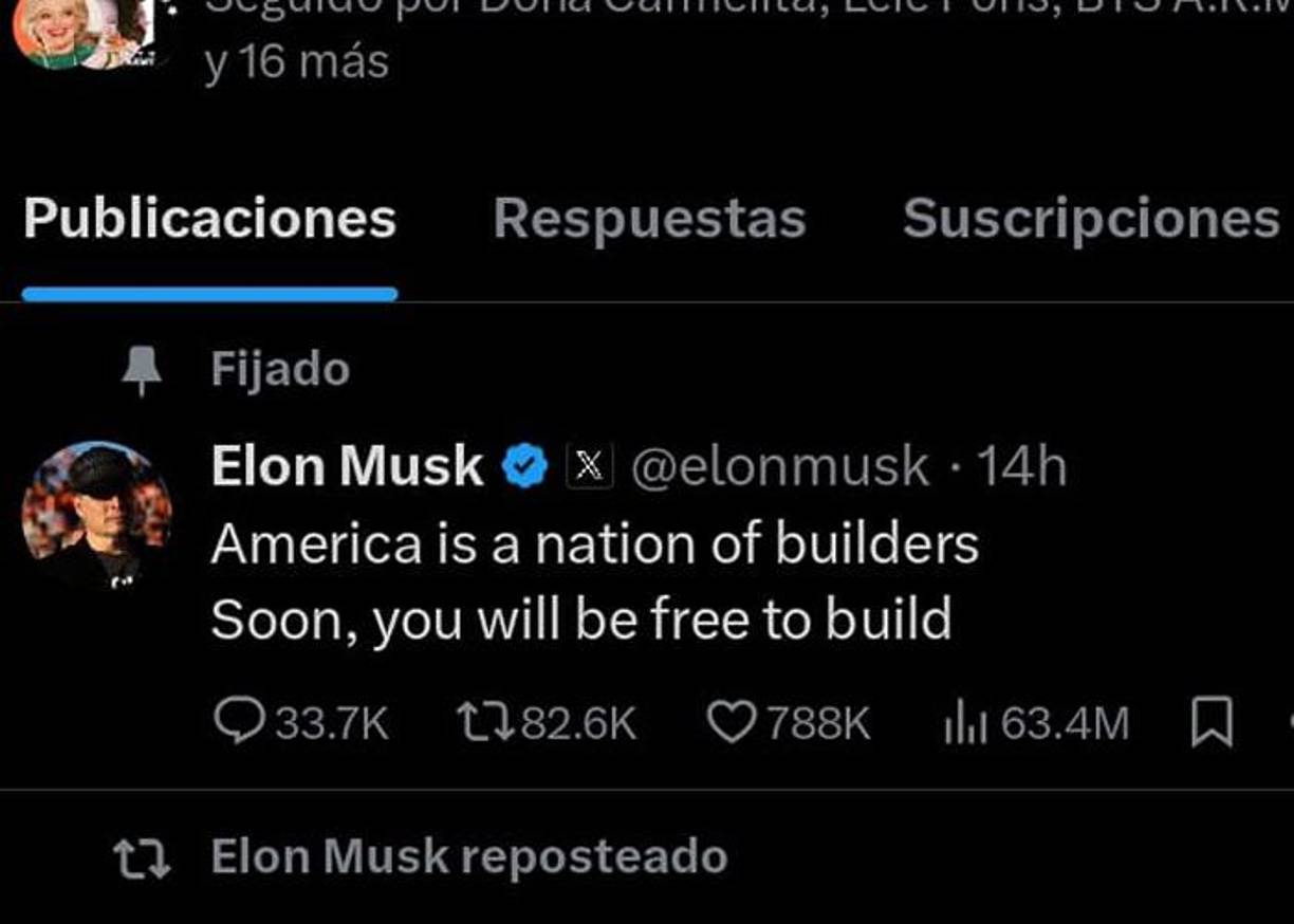 Otro de los grandes seguidores de Trump, Elon Musk el CEO de Tesla y uno de sus principales aportantes a la campaña electoral, escribió en X: “Estados Unidos es una nación de constructores, pronto serás libre de construir”.