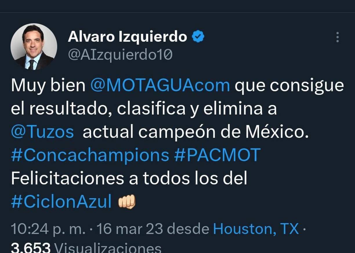 Álvaro Izquierdo periodista y exjugador del Motagua comentó: “Muy bien Motagua que conisgue el resultado y elimina al actual campeón de México”: