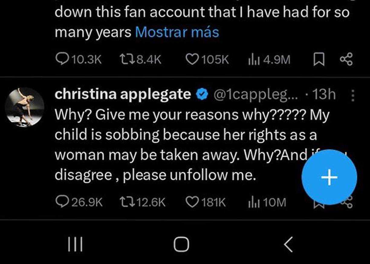 La actriz, estrella de Anchorman, Christina Applegate, expresó en la plataforma de X su descontento con la victoria de Trump.“¿Por qué? ¿Me das tus razones?”, dijo Applegate. “Mi hija está llorando porque le pueden quitar sus derechos como mujer. ¿Por qué? Y si no estás de acuerdo, por favor deja de seguirme”.