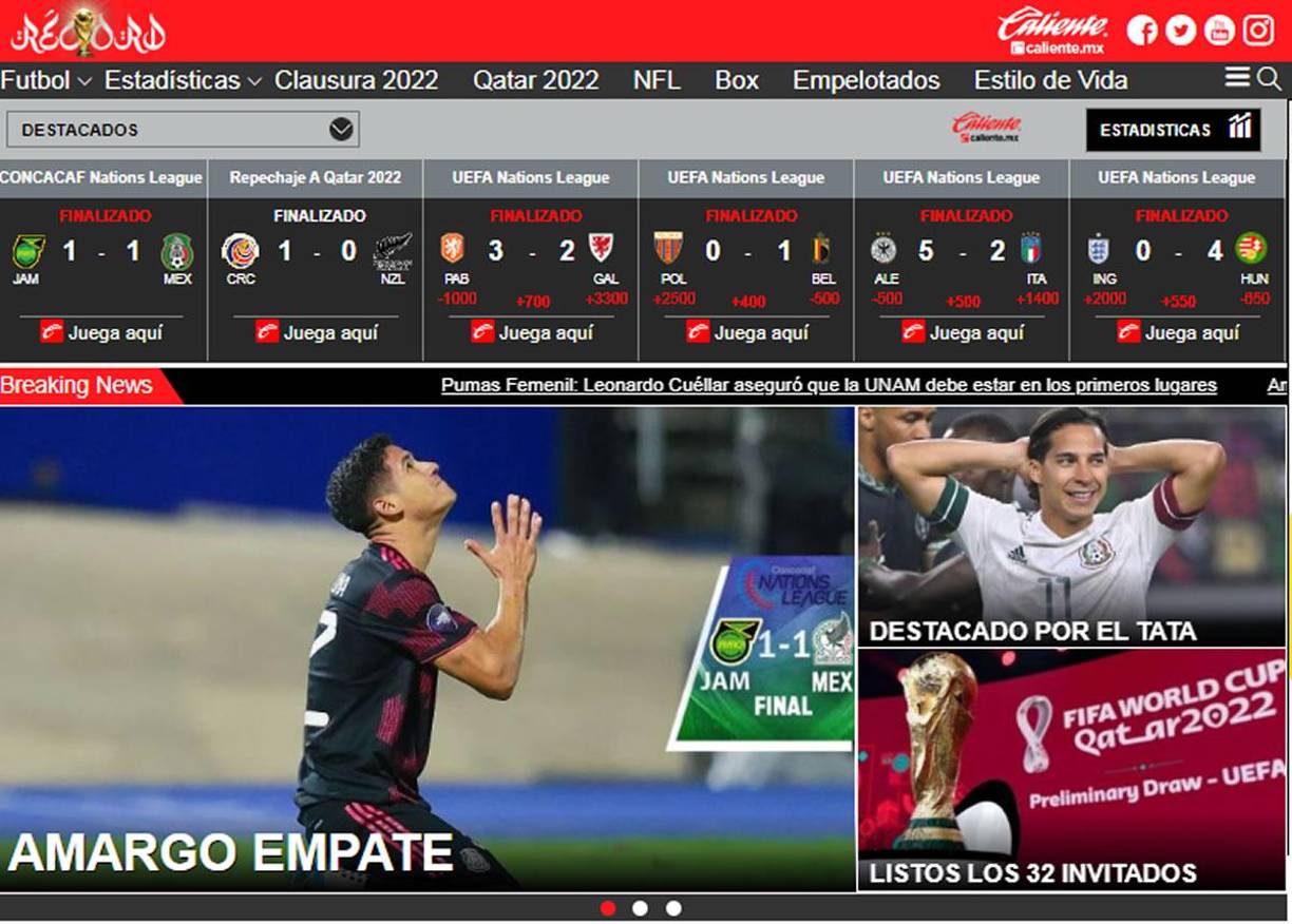 Diario Récord - “Amargo empate. Nada para nadie. Jamaica y México empataron con goles de Bailey y Luis Romo”.