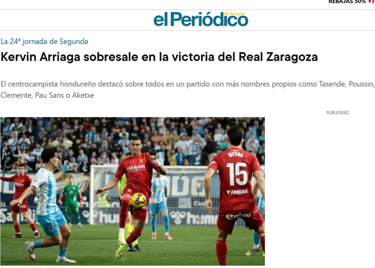 El Periódico de Aragón - “Kervin Arriaga sobresale en la victoria del Real Zaragoza. El centrocampista hondureño destacó sobre todos en un partido con más nombres propios como Tasende, Poussin, Clemente, Pau Sans o Aketxe”.