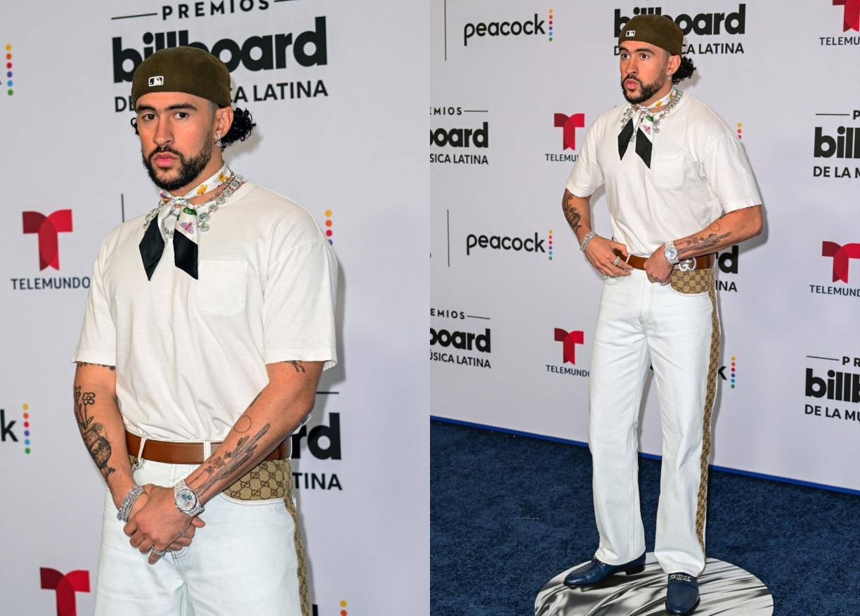 Aunque Bad Bunny se ha convertido en un ícono de la alta costura en los últimos meses, la alfombra azul de los Billboards pareció no merecerle sus mejores galas. El Conejo Malo vistió informal de jean y camiseta blanca, eso sí, de su actual patrocinador, la casa de Gucci. Como accesorios llevaba una gorra de béisbol y un pañuelo al cuello.