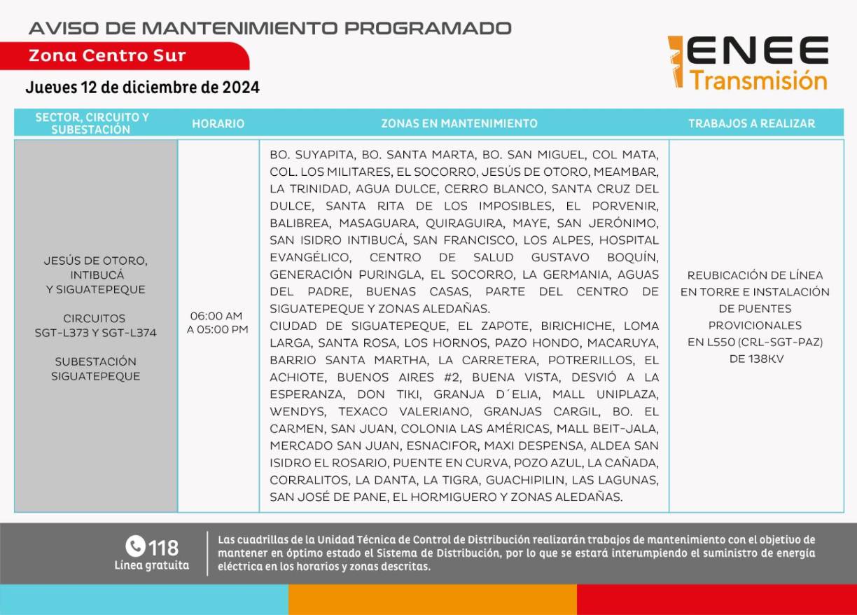 Jesús de Otoro, Intibucá: corte de luz programado de 6:00 am a 5:00 pm. 