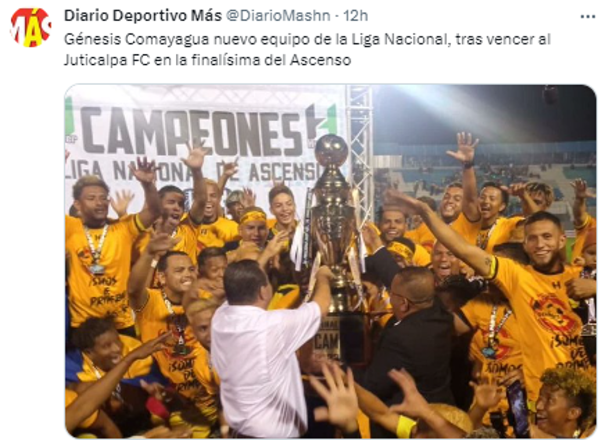Diario Deportivo Más: “Génesis Comayagua nuevo equipo de la Liga Nacional, tras vencer al Juticalpa FC en la finalísima del Ascenso”.