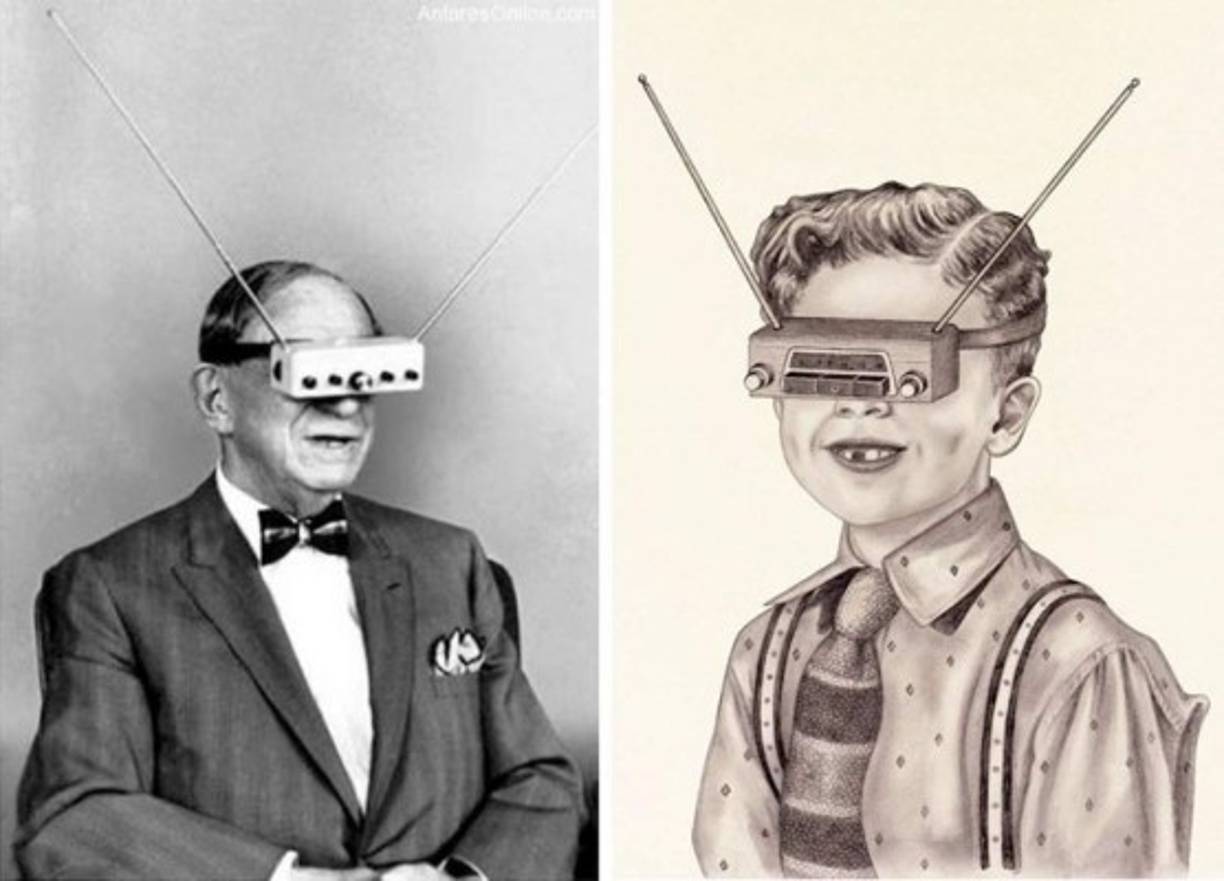Antes de los Google Glasses y la realidad virtual (RV), el inventor Hugo Gernsback introdujo en 1963 las TELEGAFAS. <br/>Se trataba de un receptor de señal de televisión (con todo y antenas) que podía sujetarse a la cabeza frente a los ojos al igual que los modernos visores de VR.