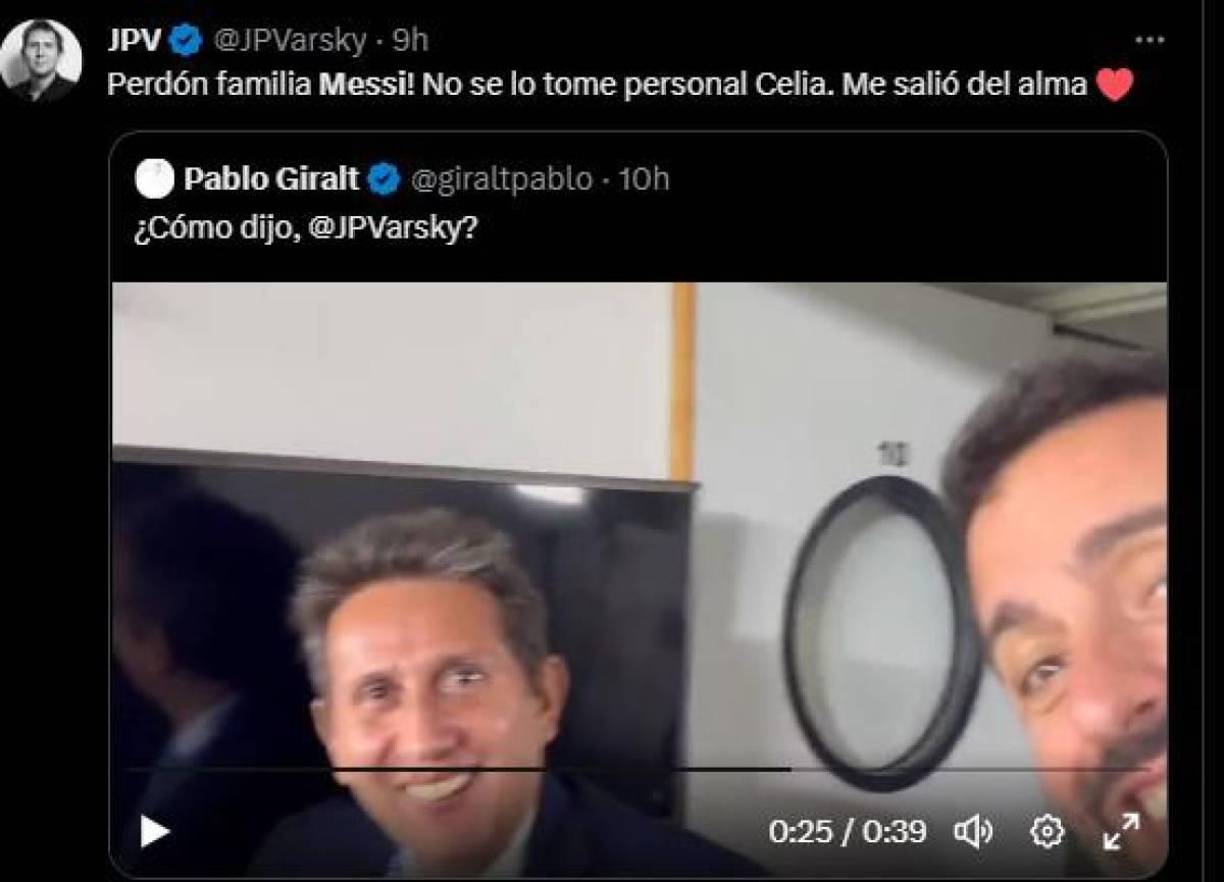 Los famosos narradores argentinos Juan Pablo Varsky y Pablo Giralt grabaron en vivo el gol de Messi desde un teléfono. Juan Pablo fue directo al celebrar su gol diciendo que Messi es un “hijo de p***”, dando a entender que es el mejor del mundo.