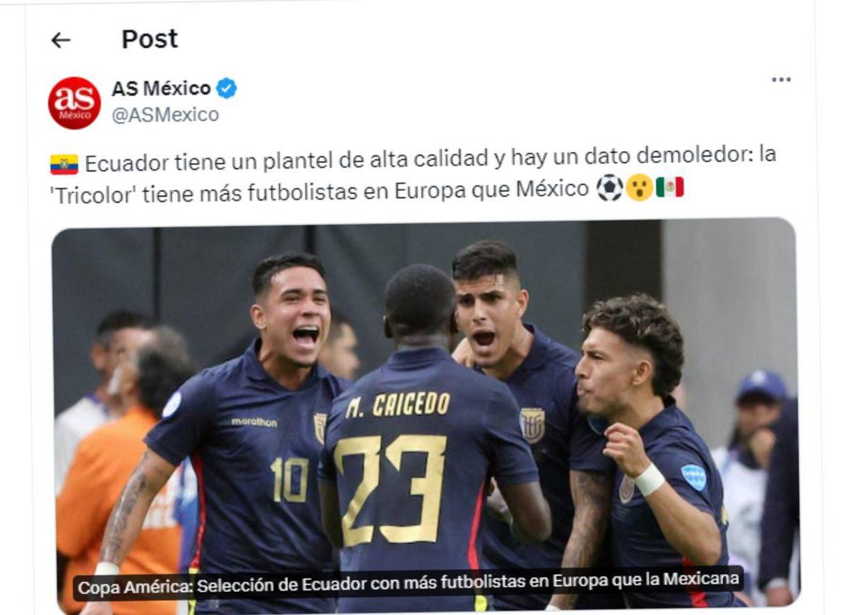 ”Ecuador tiene un plantel de alta calidad y un hay un dato demoledor: La Tricolor tiene más futbolistas en Europa que México”, indica As México.
