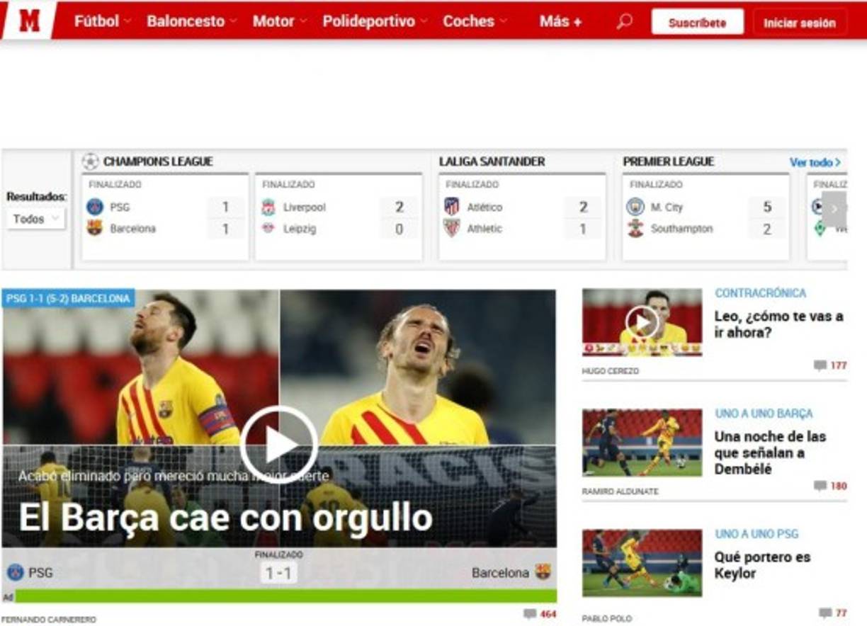 Marca, de Madrid, destacó el 'orgullo culé' en París. El equipo de Koeman dio un extraordinario primer tiempo en el Parque de los Príncipes.