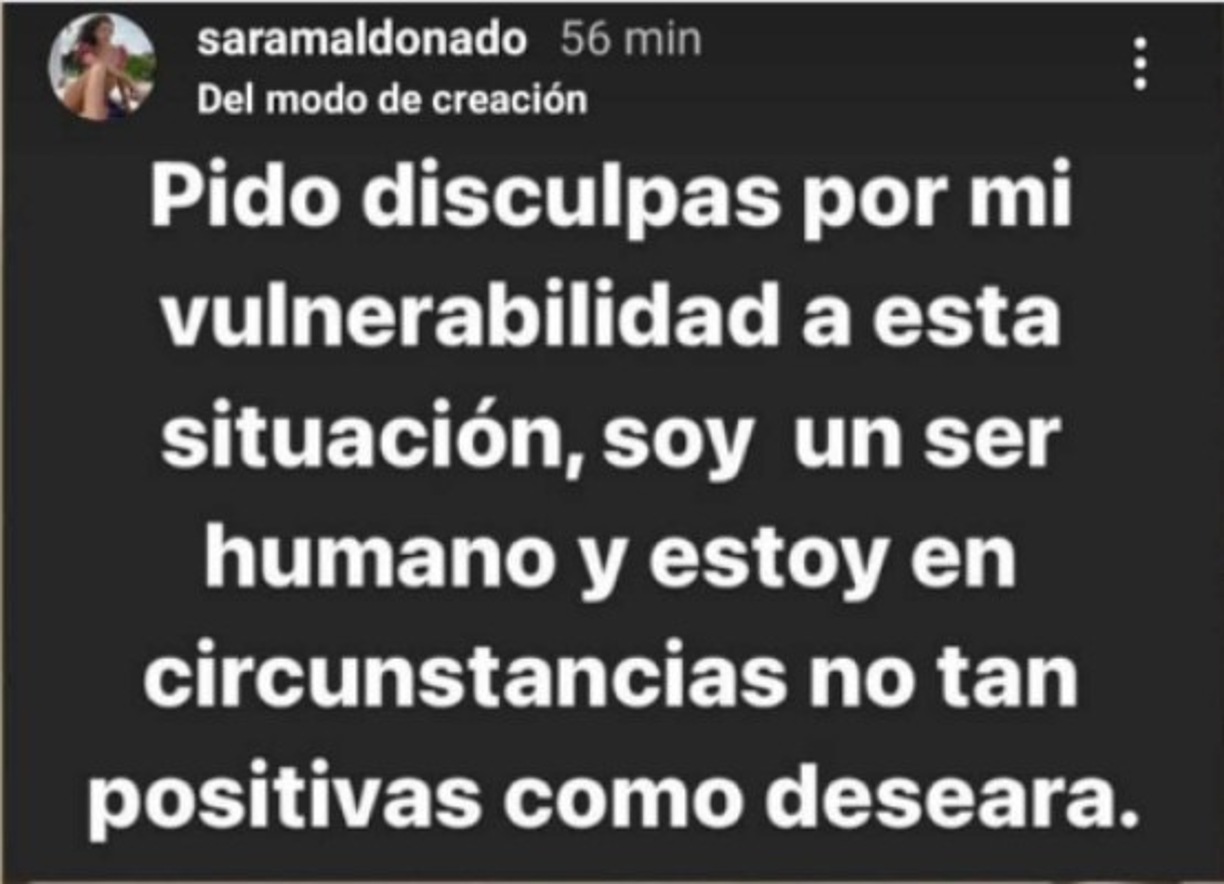 Horas después eliminó las historias y subió un texto nuevo donde se disculpaba. 'Pido perdón por mi vulnerabilidad a esta situación, soy un ser humano y estoy en circunstancias no tan positivas como deseara', decía