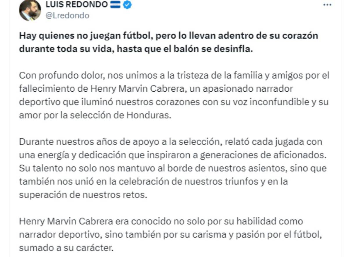 Luis Redondo, presidente del Congreso Nacional, se pronunció sobre la muerte de Henry Marvin.