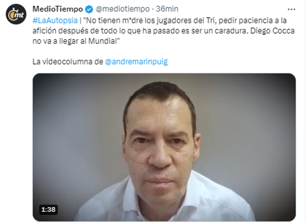 André Marín: “No tienen m*dre los jugadores del Tri, pedir paciencia a la afición después de todo lo que ha pasado es ser un caradura. Diego Cocca no va a llegar al Mundial”-