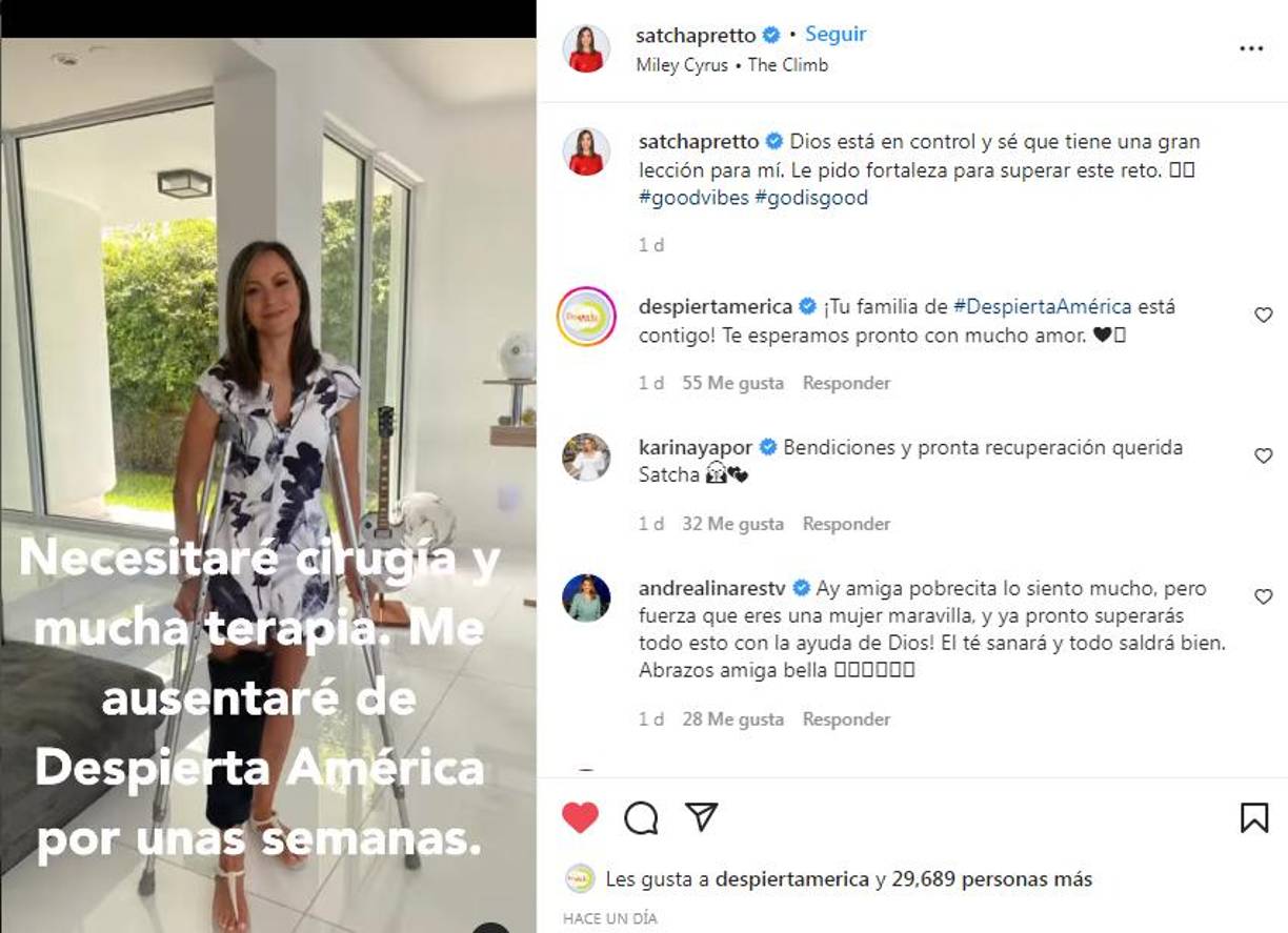 El día de ayer, Satcha Pretto anunció que deberá estar ausente durante un tiempo mientras cumple reposo médico, pues será operada de una rodilla.