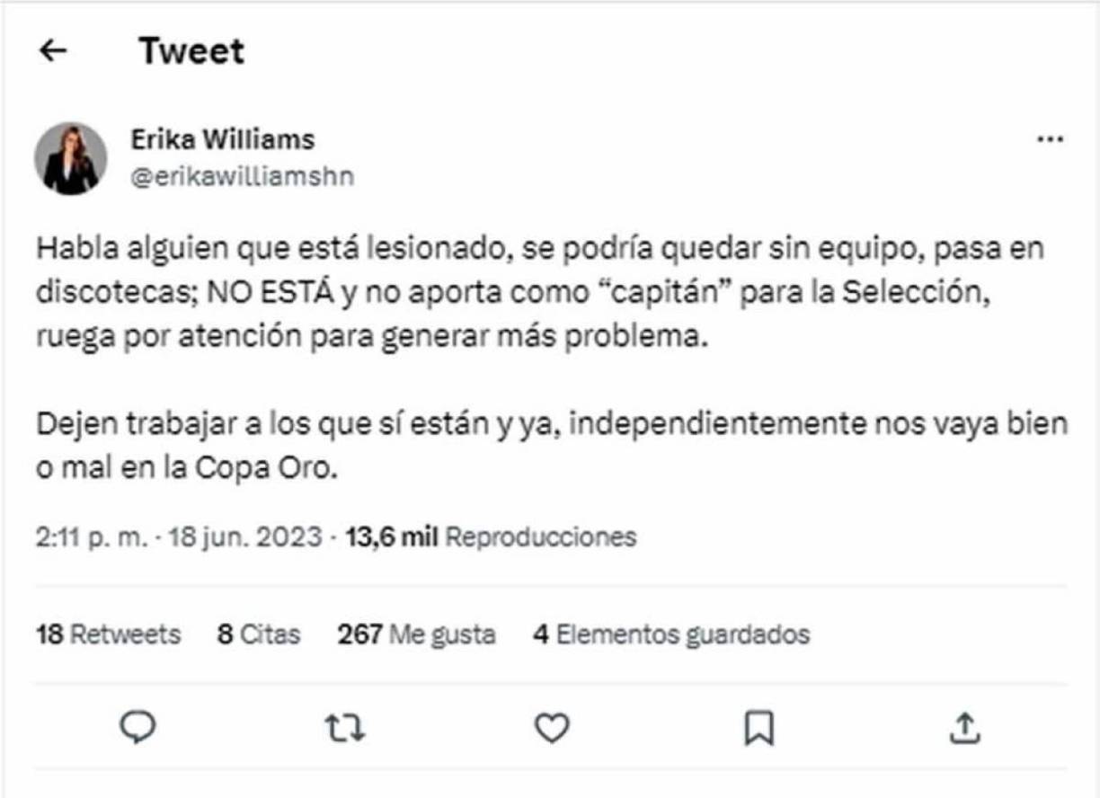 La periodista deportiva Erika Williams cargó contra Romell Quioto en redes sociales por esas declaraciones y le pidió que deje trabajar a los jugadores que están en la Selección de Honduras.