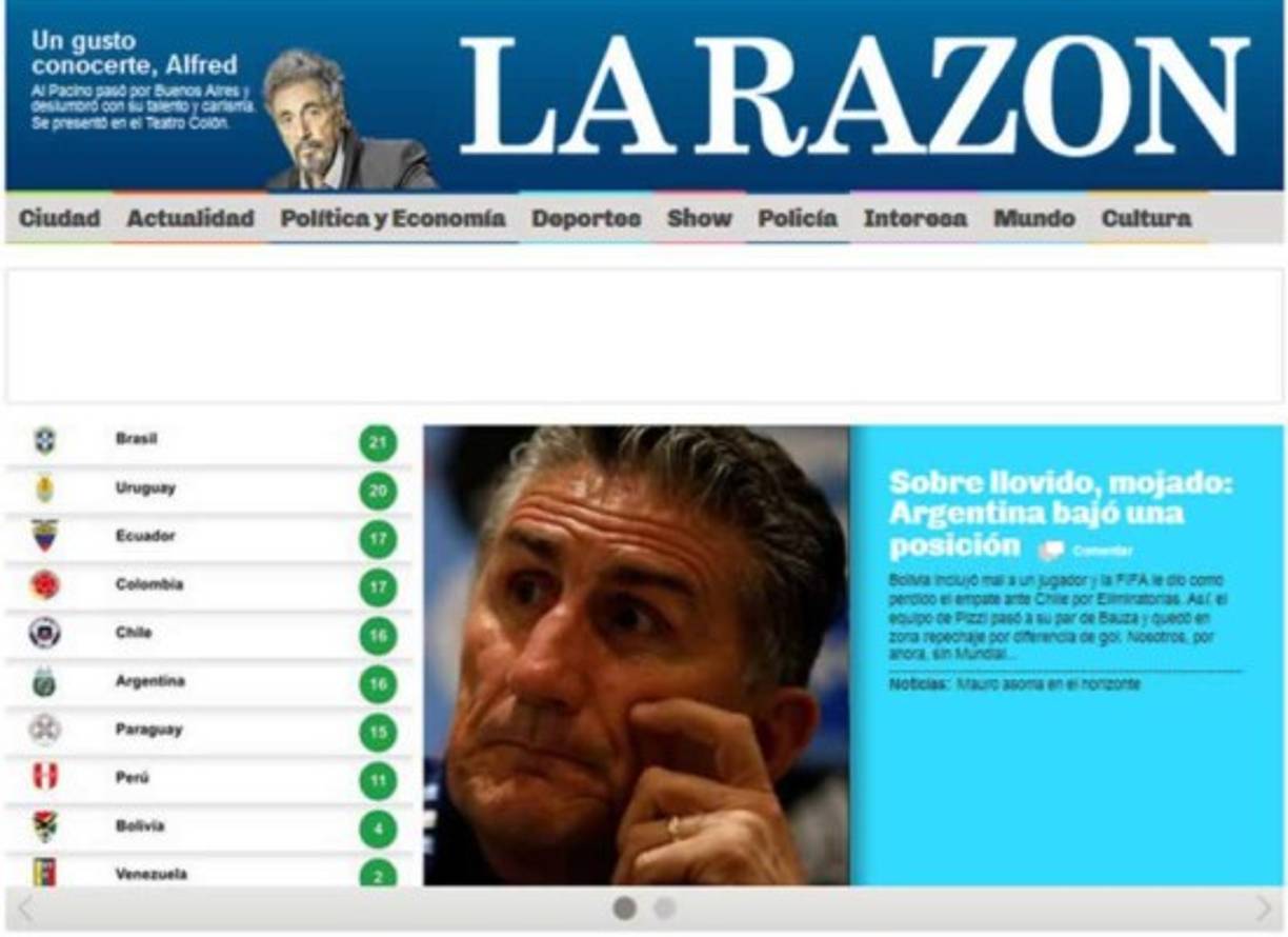 El medio La Razón: 'Sobre llovido, mojado: Argentina bajó una posición. Bolivia incluyó mal a un jugador y la FIFA le dio como perdido el empate ante Chile por Eliminatorias. Así, el equipo de Pizzi pasó a su par de Bauza y quedó en zona repechaje por diferencia de gol. Nosotros, por ahora, sin Mundial...'