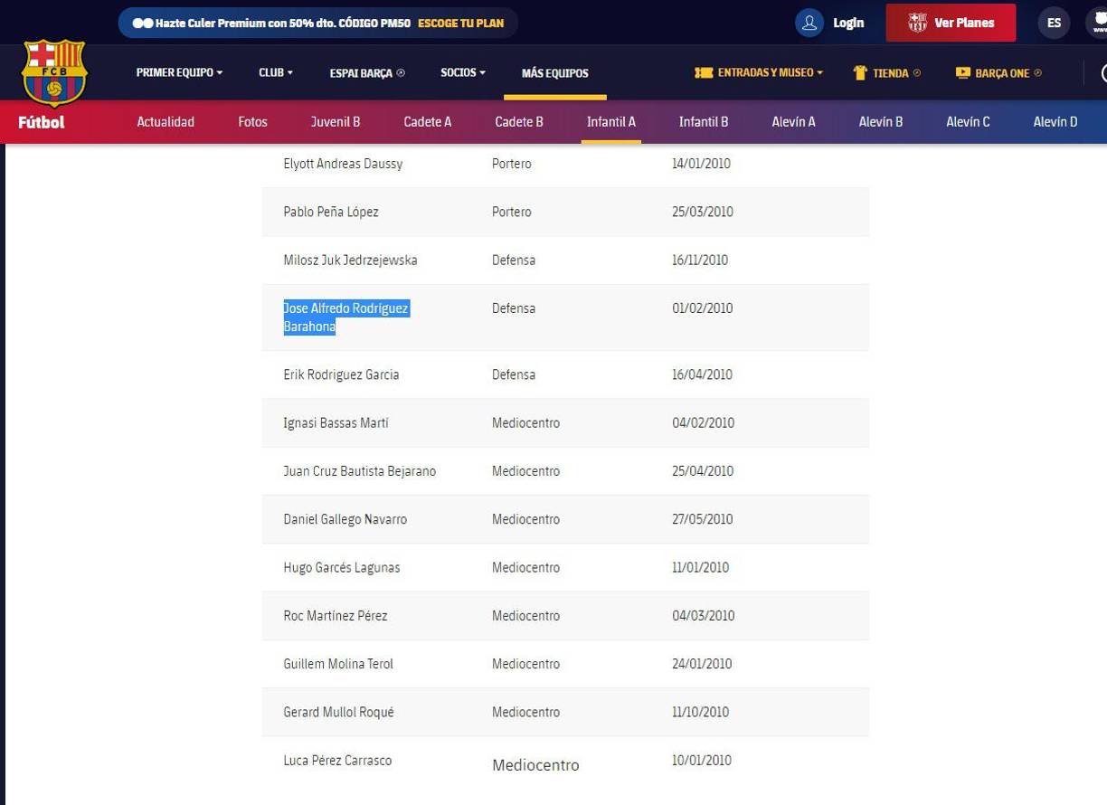 Su perfil se encuentra en la página oficial del Barcelona en la categoría Infantil A.