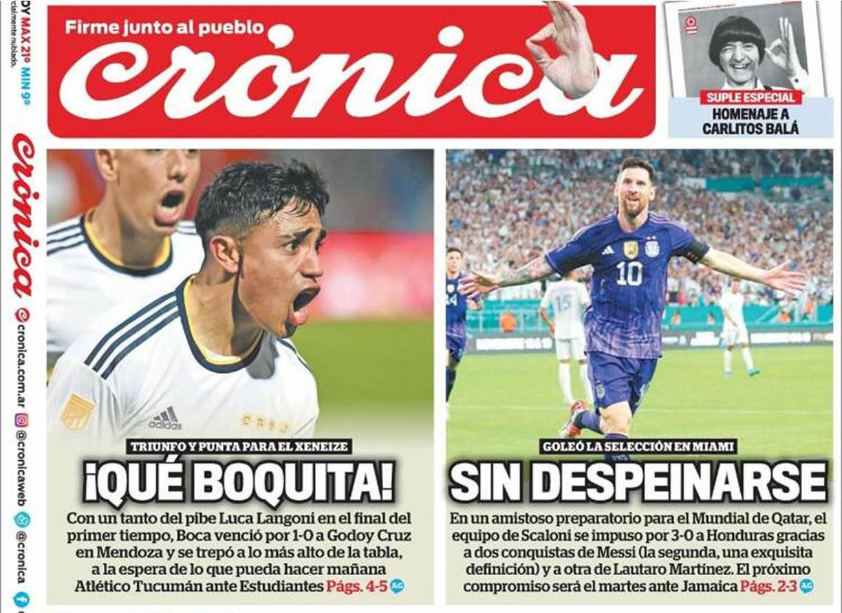 Portada del diario Crónica - “Goleó la Selección en Miami sin despeinarse”. “El equipo de Scaloni se impuso por 3-0 a Honduras gracias a dos conquistas de Messi (la segunda, una exquisita definición) y otra de Lautaro Martínez”.
