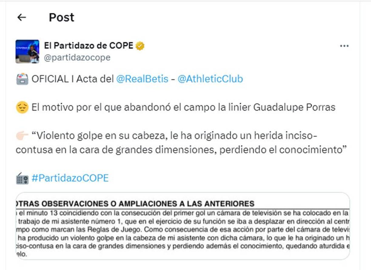 El árbitro informó en el acta lo ocurrido con la jueza y se informa que afortunadamente ella se encuentra estable. 