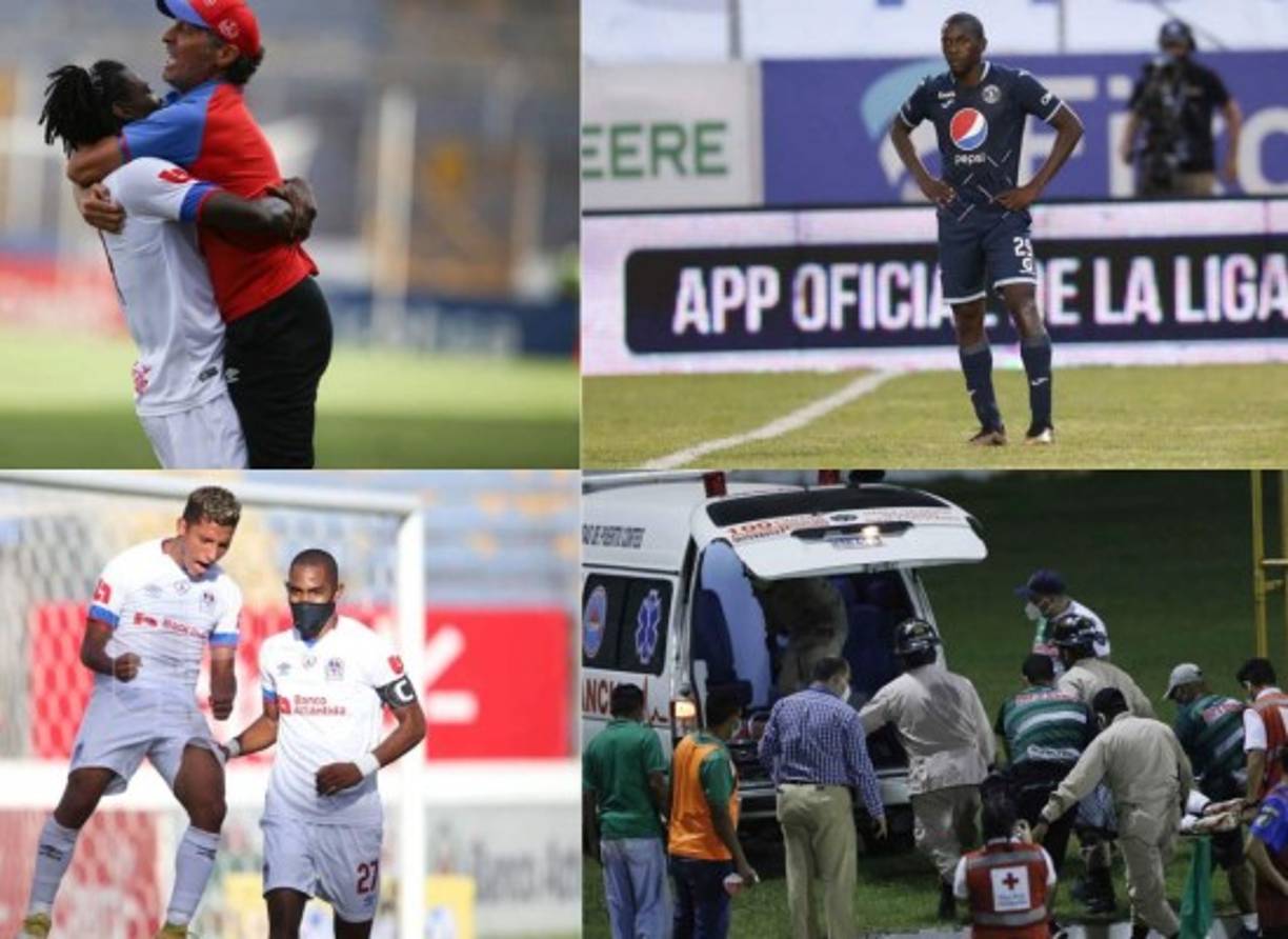 Olimpia venció 2-1 al Motagua en el clásico capitalino y Honduras Progreso goleó 4-0 al Platense en el cierre de la jornada 4. Además, en Puerto Cortés un futbolista dio el susto y fue llevado e un hospital. Fotos Emilio Flores y Edwin Romero.