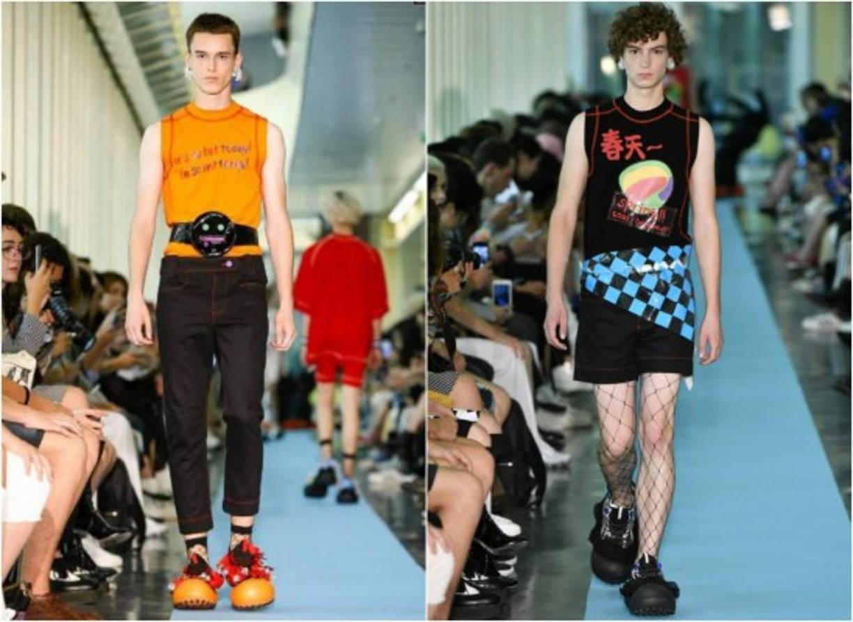 Los zapatos son enormes y de punta ovalada, evocando los pies de Mickey Mouse. Los hombres llevaban calcetines y medias de rejilla, grandes pendientes de falsos diamantes, combinados con un 'look' deportivo. <br/><br/>