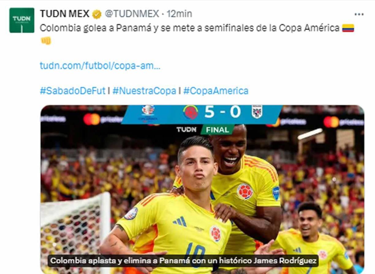 TUDN - “Colombia golea a Panamá y se mete a semifinales de la Copa América”.