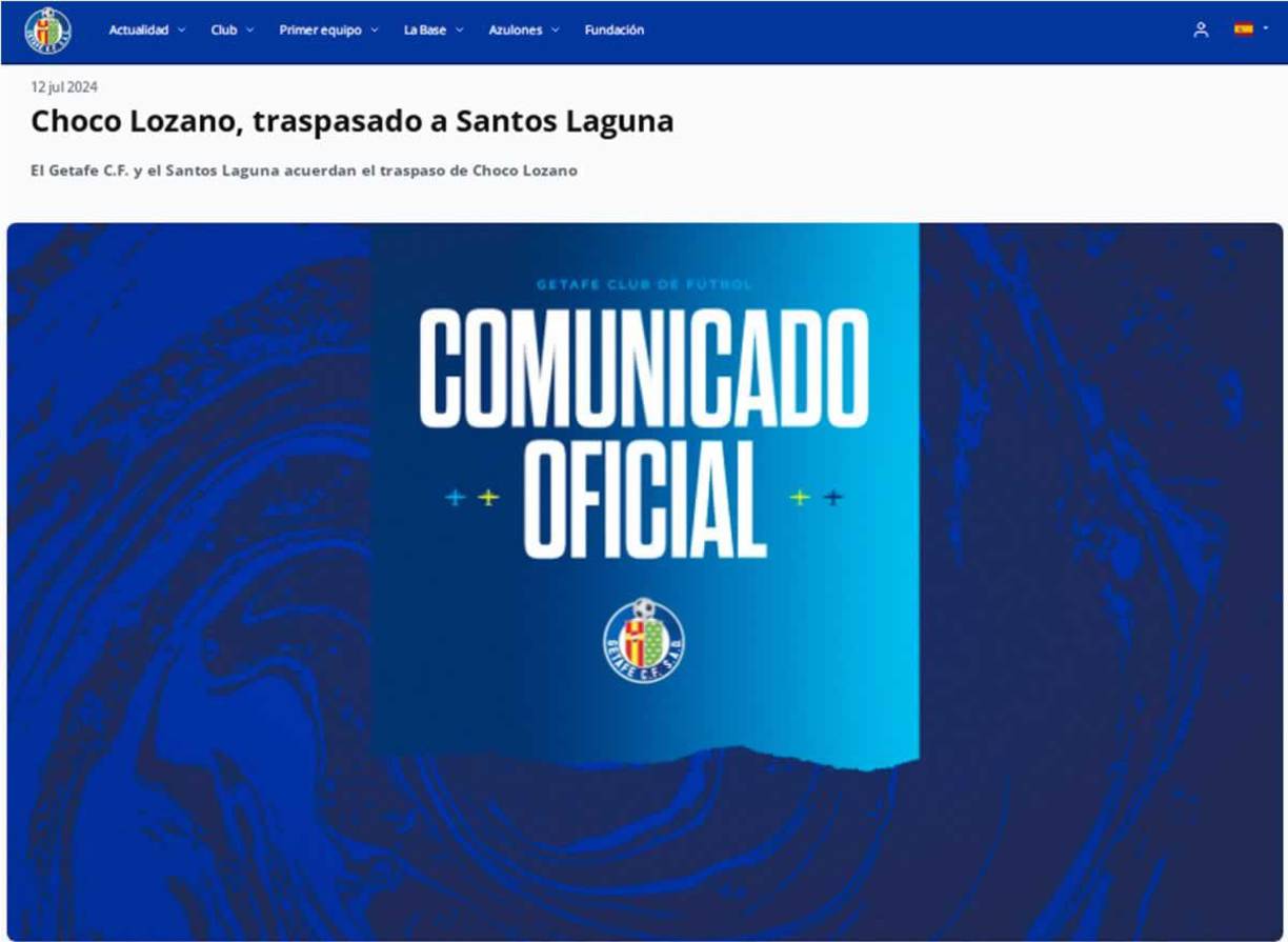 El Getafe de España, dueño de la ficha del ‘Choco’ Lozano, anunció el “traspasado” del hondureño a Santos Laguna.