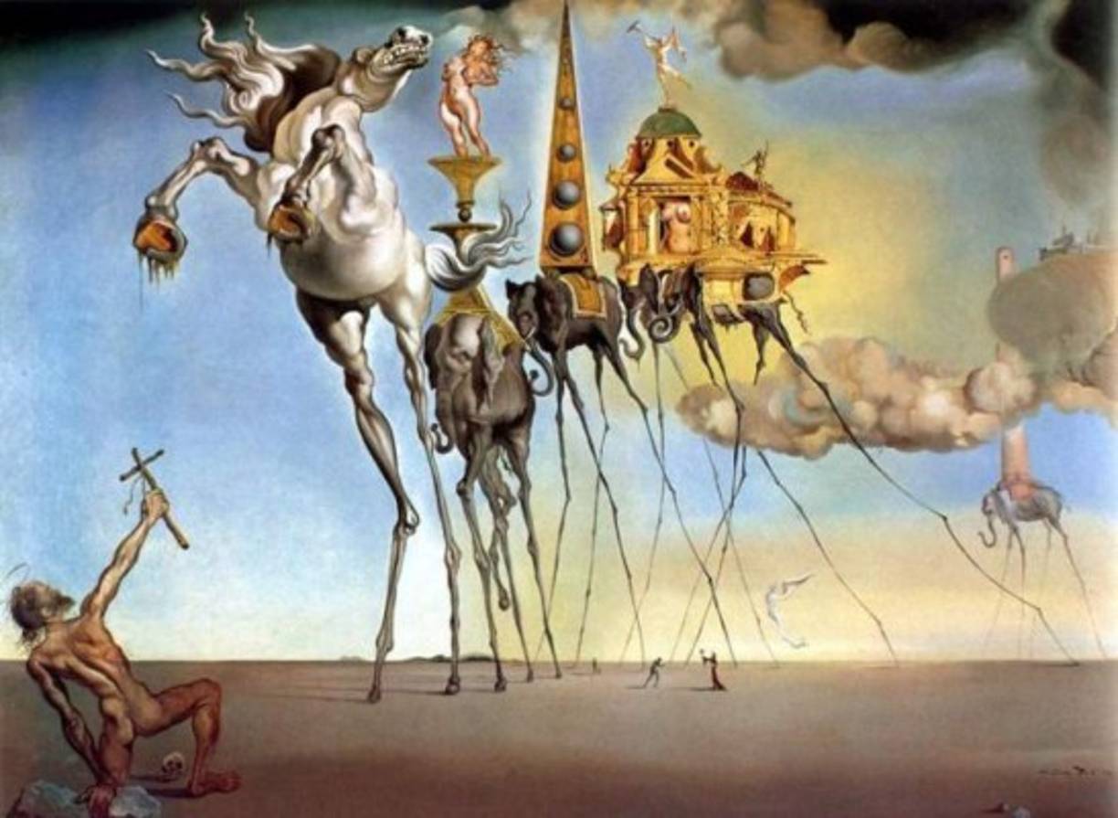 El 1934 Dalí volvió a ser expulsado, esta vez del grupo surrealista en el que participaba.El motivo se debió a sus concepciones políticas, ante ello, el artista español respondió:' Yo soy el surrealismo'. Cuadro:Las tentaciones de San Antonio, Salvador Dalí.