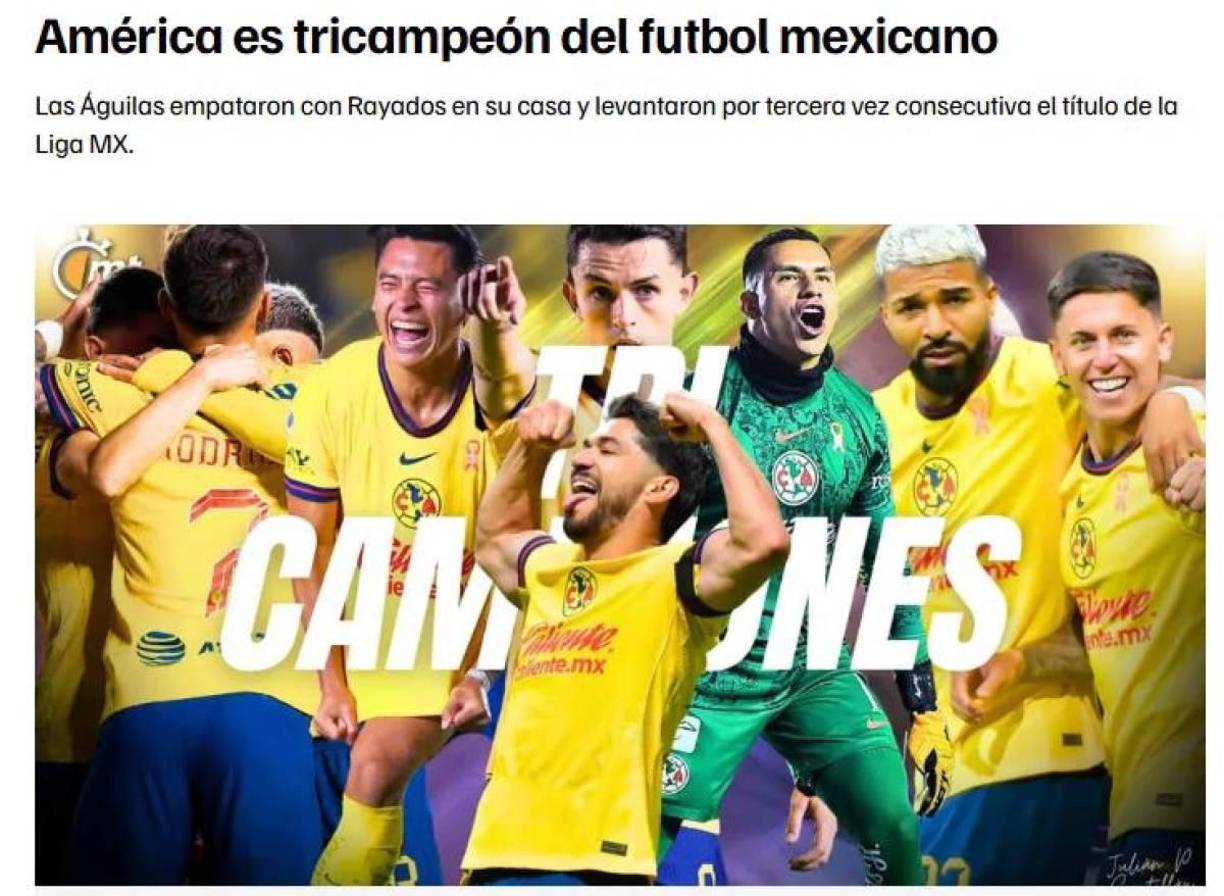 La publicación de Medio Tiempo tras el nuevo título del América en la liga mexicana.