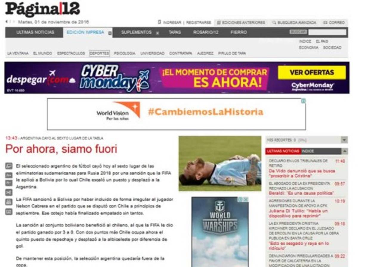 El diario Página 12: 'Por ahora, siamo fuori', dice con el título en italiano 'estamos fuera'.