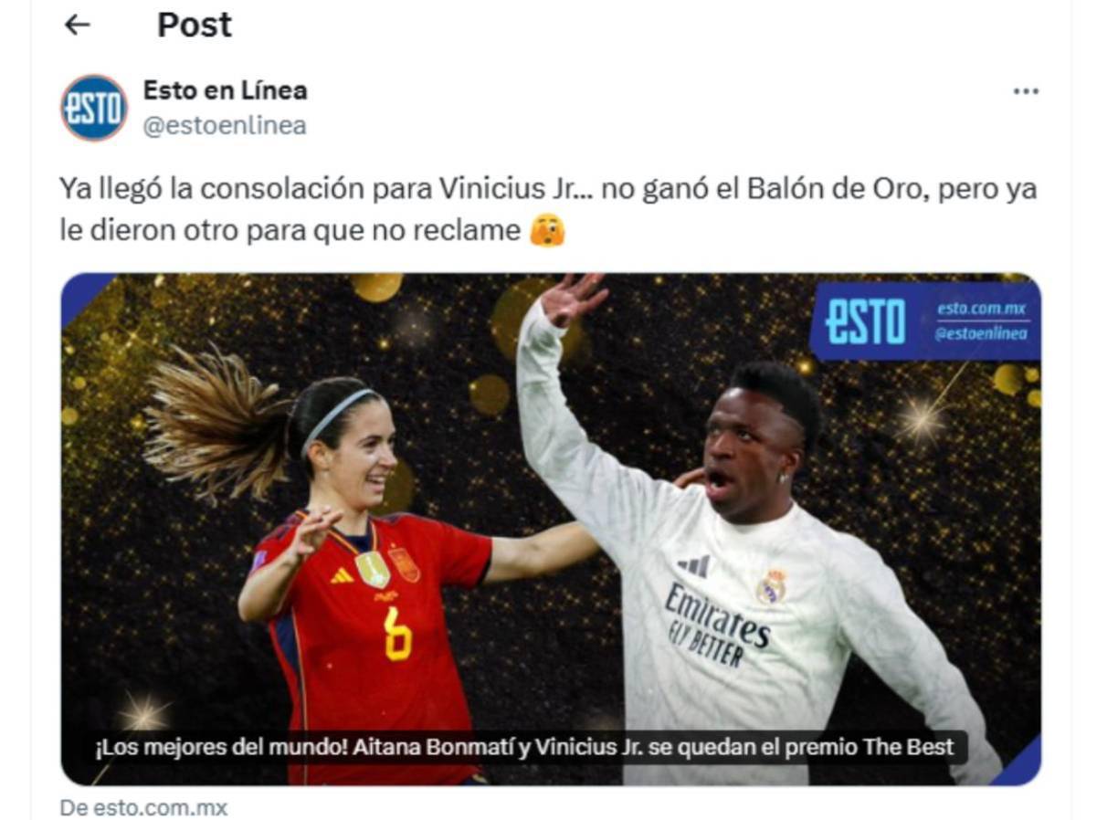 Diario Esto de México: “Ya llegó la consolación para Vinicius. No ganó el Balón de Oro, pero ya le dieron otro para que no me reclame”. 
