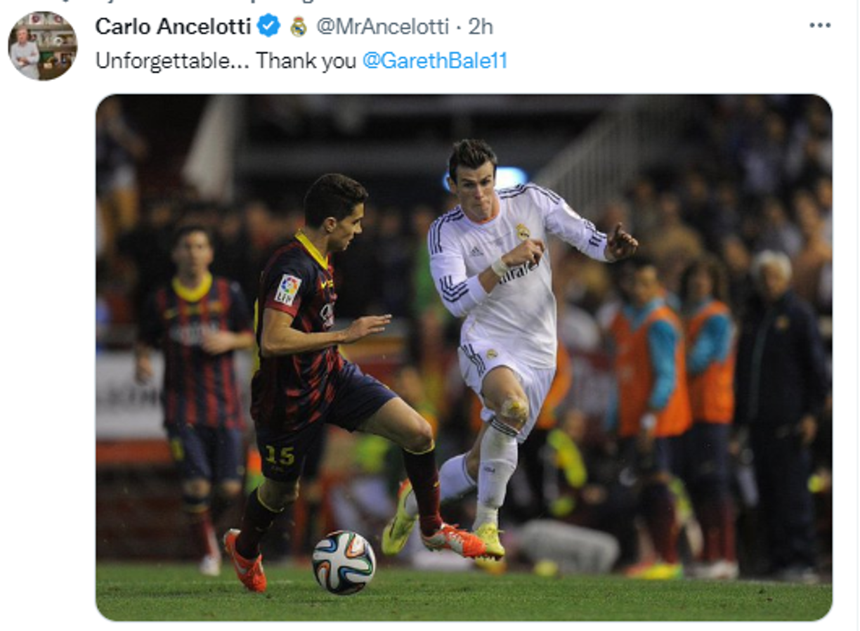 Ancelotti, entrenador del Real Madrid expresó:” Inolvidable... Gracias Gareth Bale”.