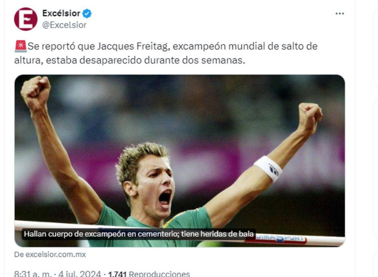 Jacques Freitag, ex campeón mundial de salto en alto, murió a los 42 años. Tras su retiro, padeció problemas de adicciones