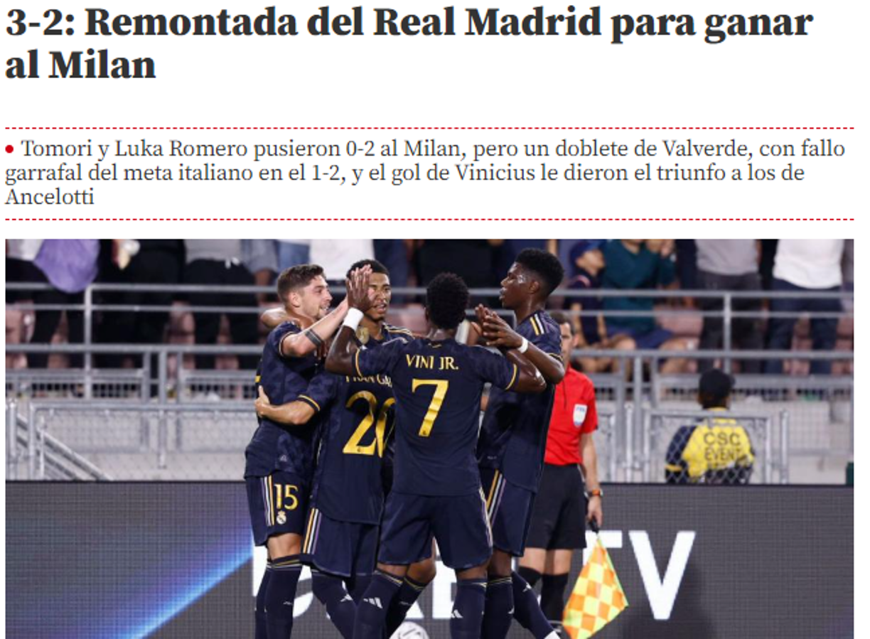 Mundo Deportivo de España: “Remontada del Real Madrid para ganar al Milan”.
