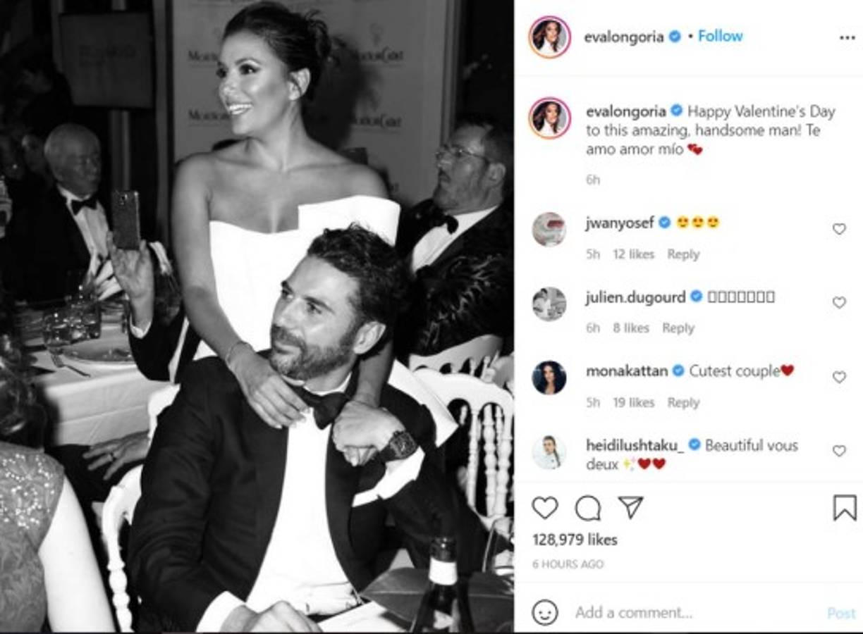 “¡Feliz día de San Valentín a este increíble y guapo hombre! Te amo amor mío”, expresó Eva Longoria sobre su esposo José “Pepe” Bastón.