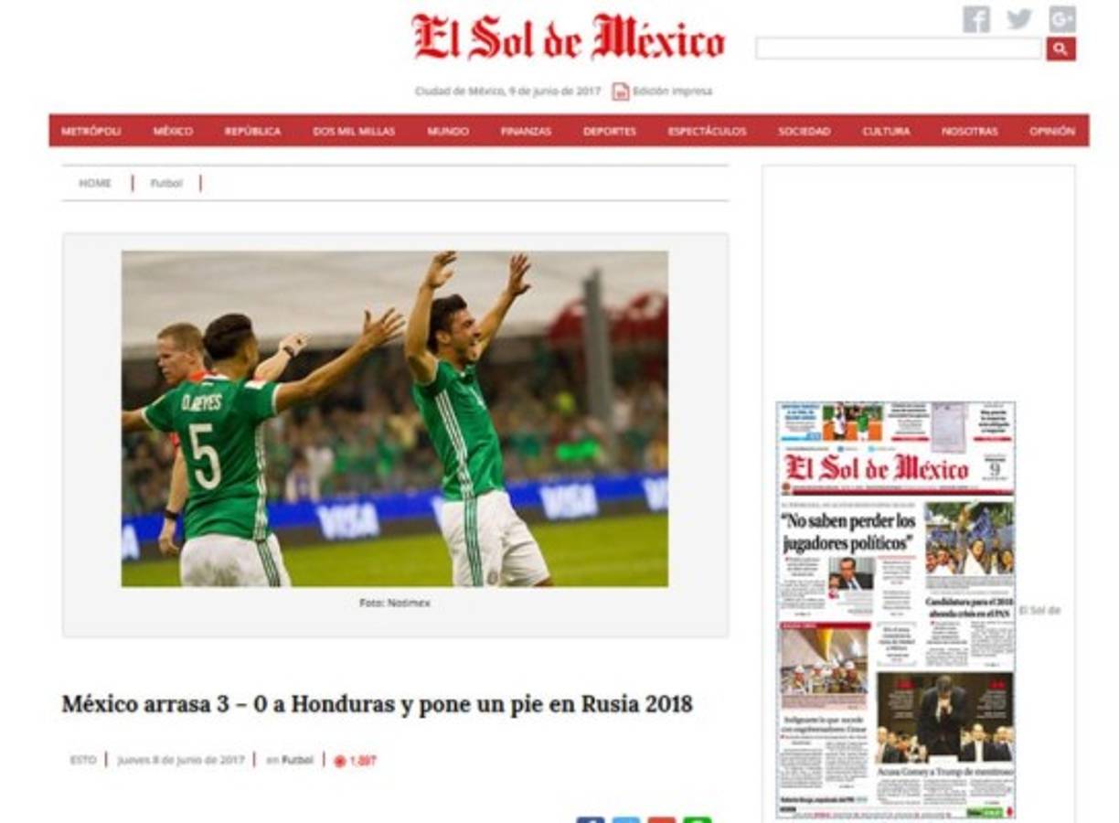 La página web de elsoldemexico.com.mx dice que 'México arrasa 3–0 a Honduras y pone un pie en Rusia 2018'.
