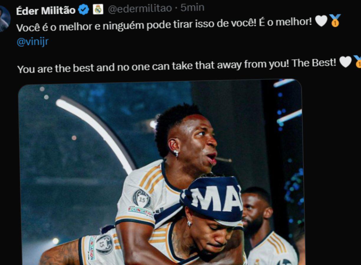 <b>Eder Militao </b>se quejó en redes sociales y abrazó a <b>Vinicius</b>.
