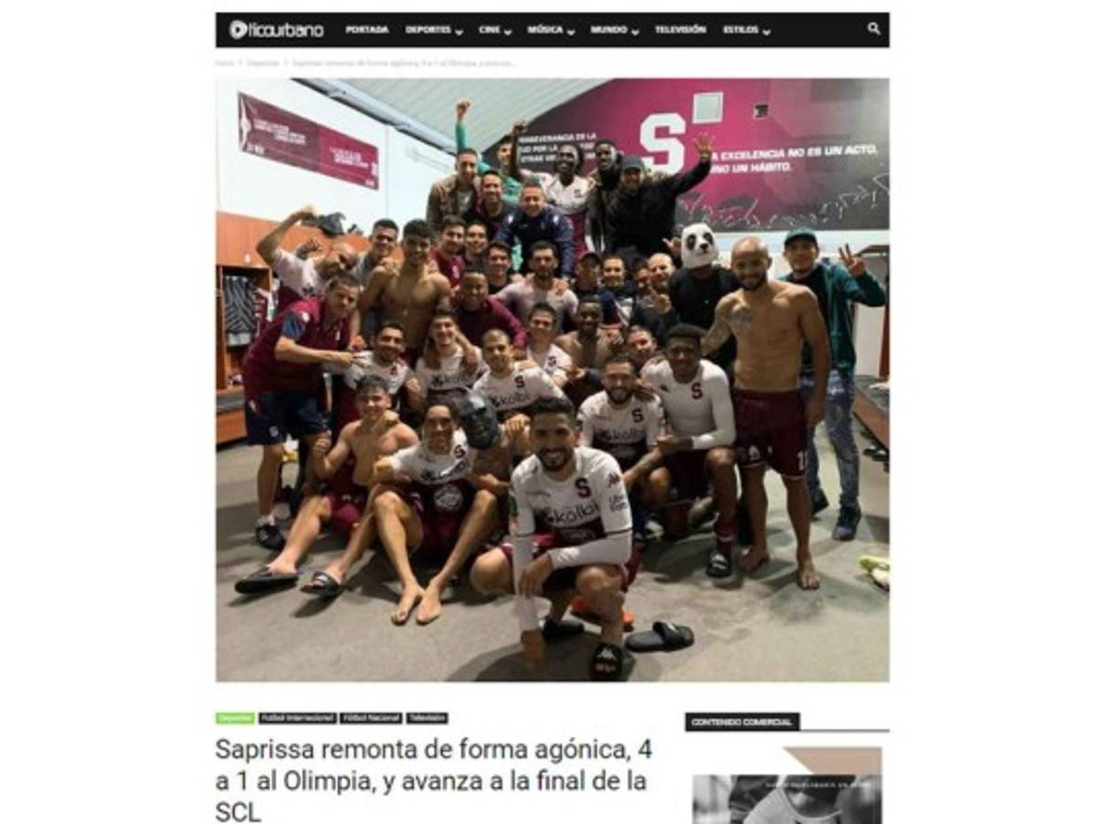Página web Tico Urbano: 'Saprissa remonta de forma agónica, 4 a 1 al Olimpia, y avanza a la final de la SCL'.