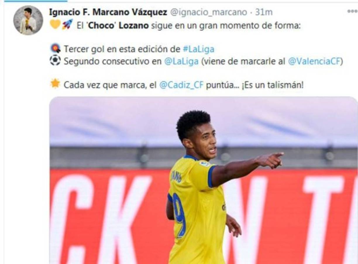 Ignacio Marcano : Periodista venezolano de La Ser, Carrusel y El Larguero de España compartió este interesante dato del Choco Lozano. Cataloga al hondureño de talismán ya que cada vez que anota su equipo gana.