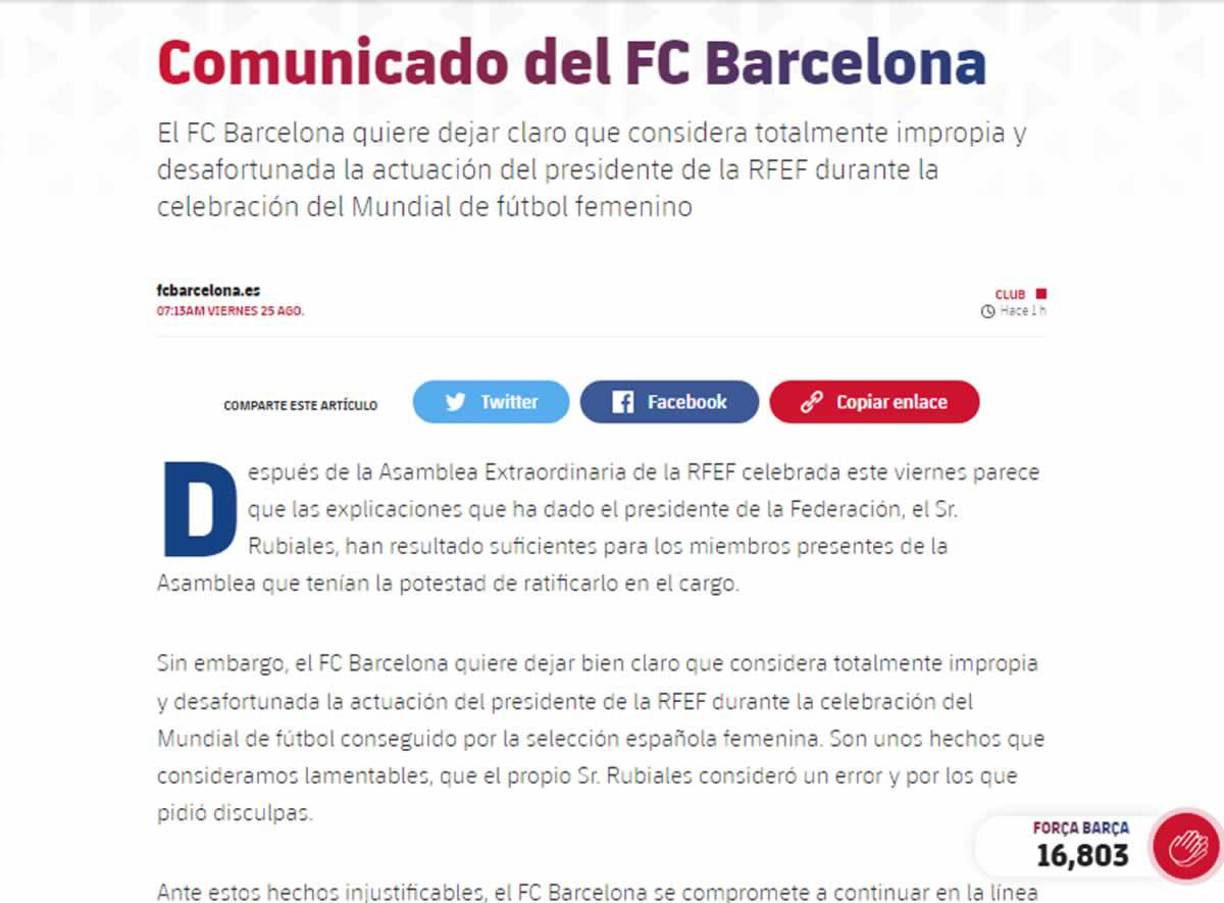 El FC Barcelona emitió un comunicado sobre el caso de Luis Rubiales, pero no pidió la renuncia del presidente de la Real Federación Española de Fútbol.