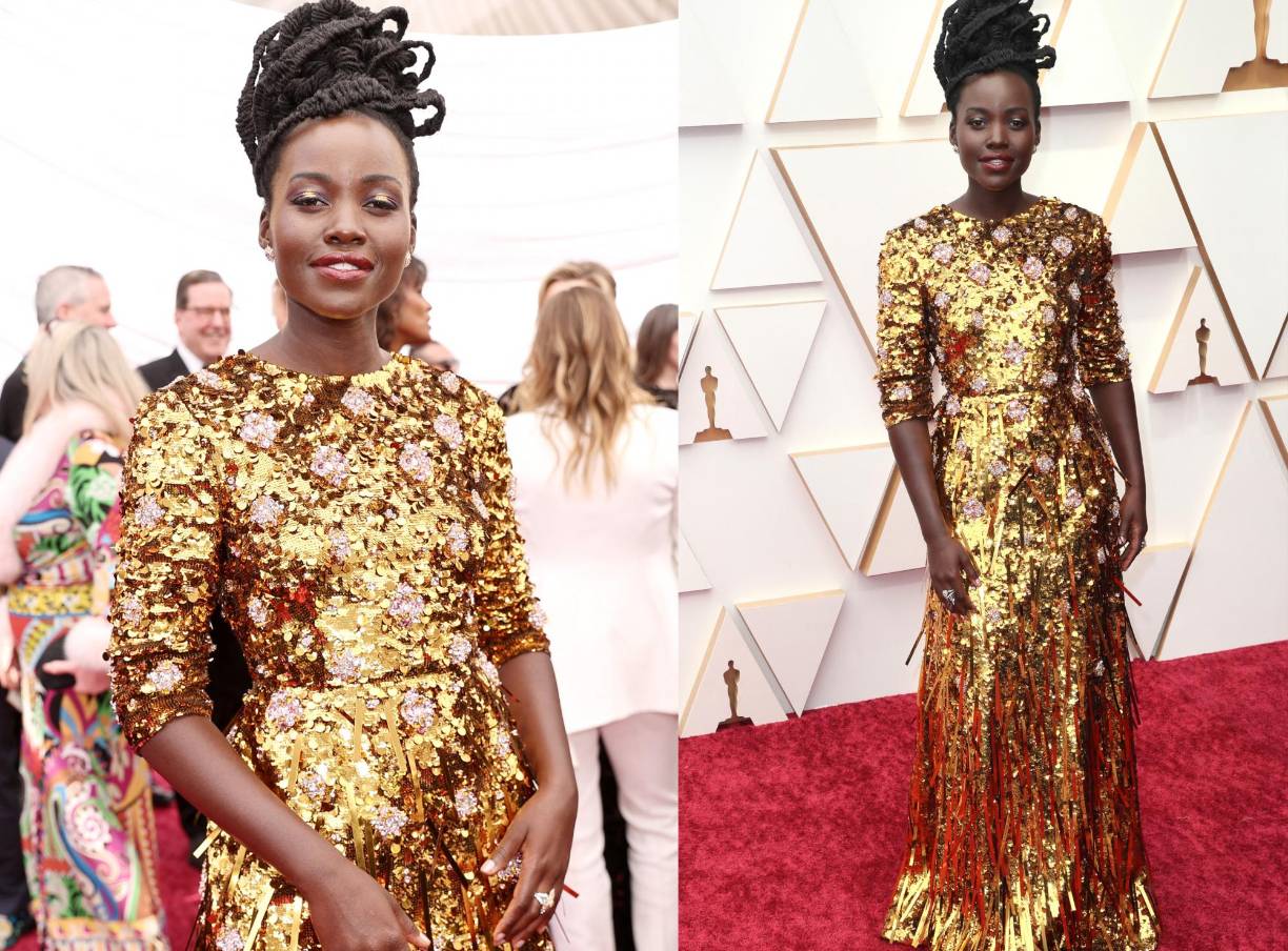 Lupita Nyong’o en un diseño en homenaje a la figura del Óscar confeccionado por Prada.
