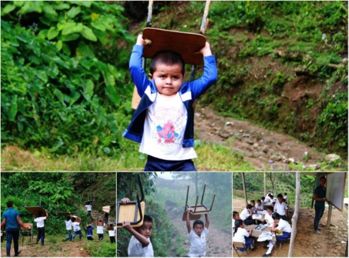Un niño carga una silla en una de las zonas más inclinadas de San Pedro Sula, heroica imagen sí pero a la vez dolorosa, muestra que sobra el coraje en los pequeños hondureños pero demuestra que falta mucho camino por recorrer en materia educativa. (Las imágenes corresponden a El Merendón, San Pedro Sula).<br/>