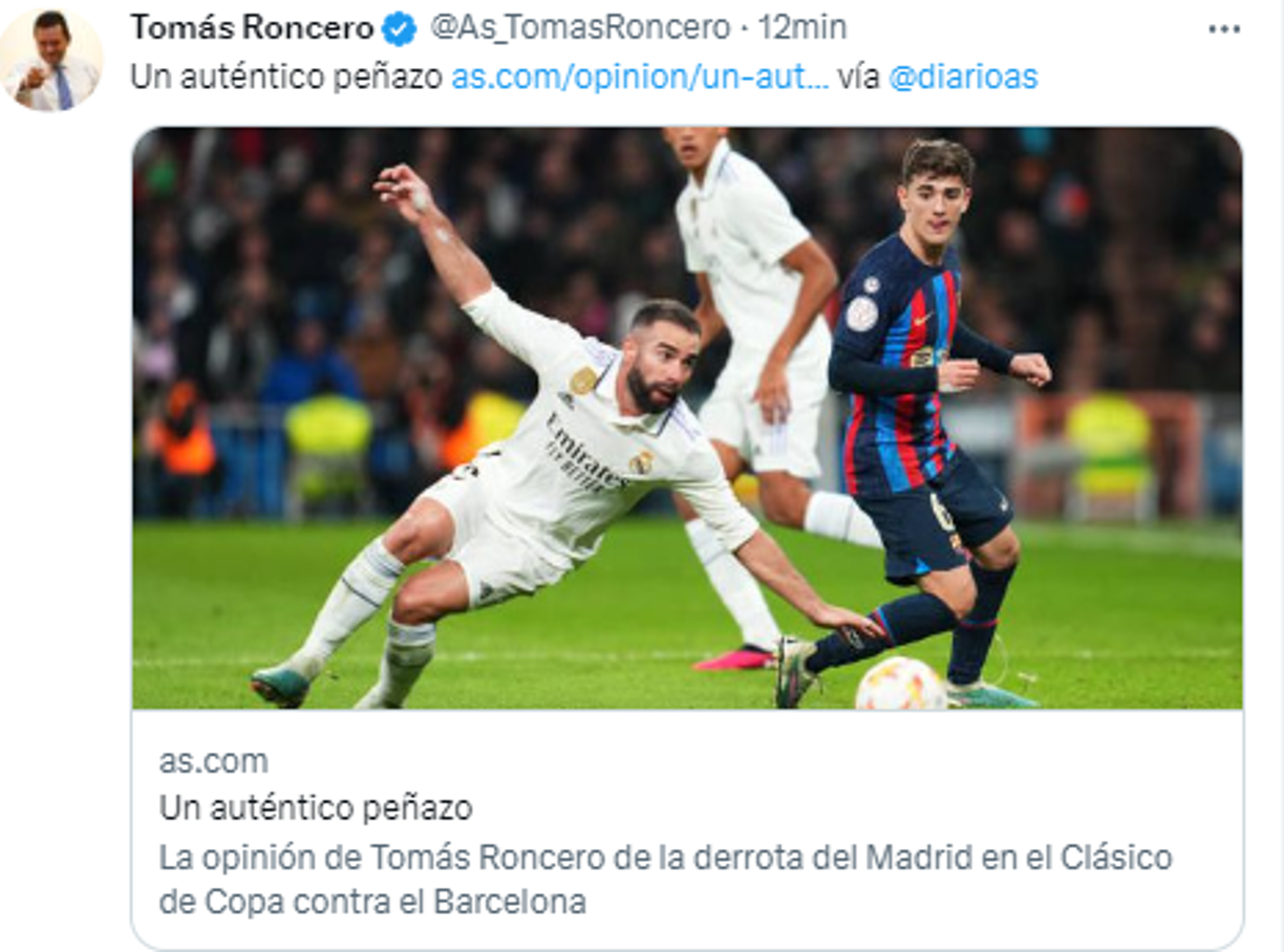 Tom<b>ás </b>Roncero: “Un auténtico peñazo”, en su artículo de opinión explica: “Un Clásico insoportable. Busco en el diccionario de la RAE el significado de la palabra ‘peñazo’: “Persona, acción o situación muy molesta y pesada”. Pues eso fue este Clásico copero, resuelto con un desafortunado gol en propia meta y con un récord negativo del Madrid en ataque que no recordaban mis ojos”.