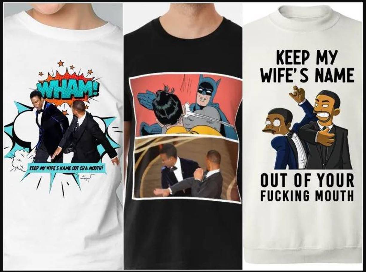 Además, buena parte de estos diseños han incluido la fecha en la que se produjo y la leyenda “día para la historia” o han complementado la imagen con las palabras del actor después de la bofetada: “Saca el nombre de mi mujer de tu puta boca”.