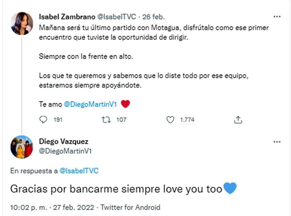 Isabel Zambrano también declaró su amor a Diego Vázquez cuando el argentino fue despedido del Motagua.