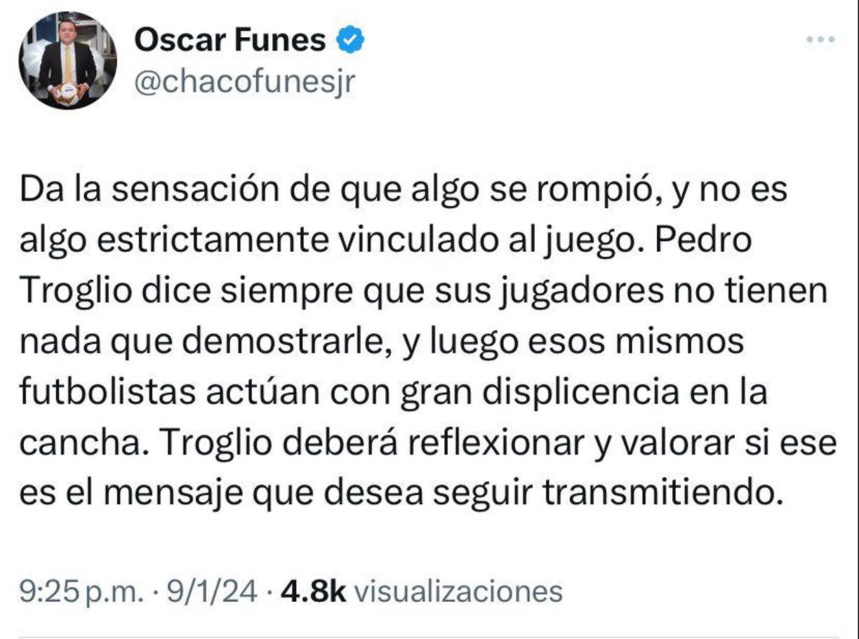 Y sobre Olimpia opinó: “Da la sensación de que algo se rompió, y no es algo estrictamente vinculado al juego. Pedro Troglio dice siempre que sus jugadores no tienen nada que demostrarle, y luego esos mismos futbolistas actúan con gran displicencia en la cancha. Troglio deberá reflexionar y valorar si ese es el mensaje que desea seguir transmitiendo”.