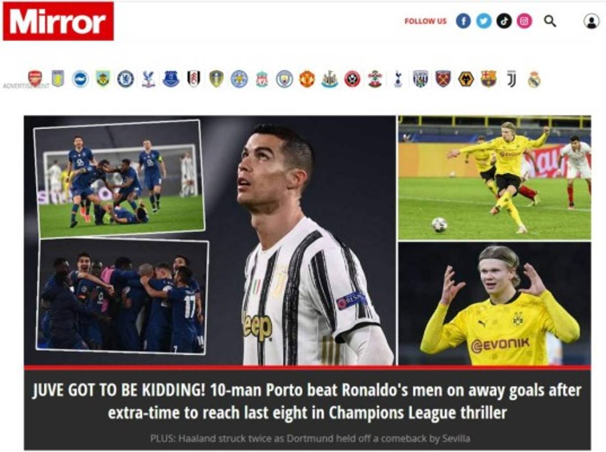 El británico Mirror titula jocosamente que la Juve 'debe estar bromeando', tras caer eliminada en octavos ante un equipo con 10 jugadores.