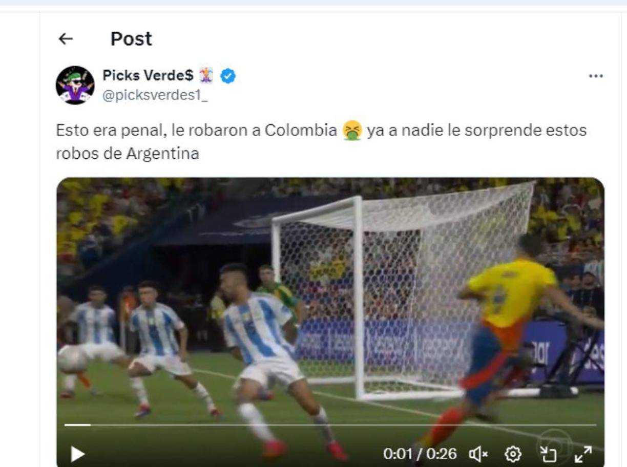 Indignación en redes sociales por el supuesto penal no sancionado a Colombia ante Argentina en la final de Copa América.