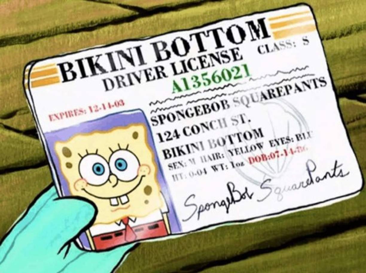 5. De acuerdo a la su licencia de conducir, Bob Esponja tiene 30 años de edad pues nació el 14 de julio de 1986.
