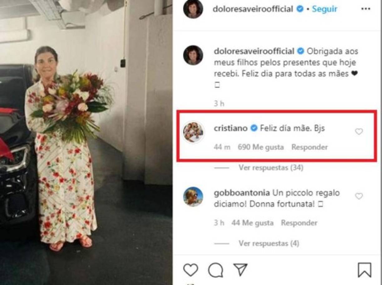 Cristiano Ronaldo le respondió en la publicación a Dolores Aveiro con el texto: 'Feliz día de la madre'.