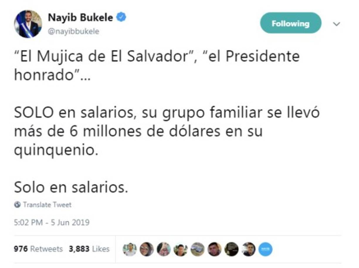 Bukele acusó a Sánchez Cerén de haberse 'llevado' seis millones de dólares en salarios para su grupo familiar durante su quinquenio.