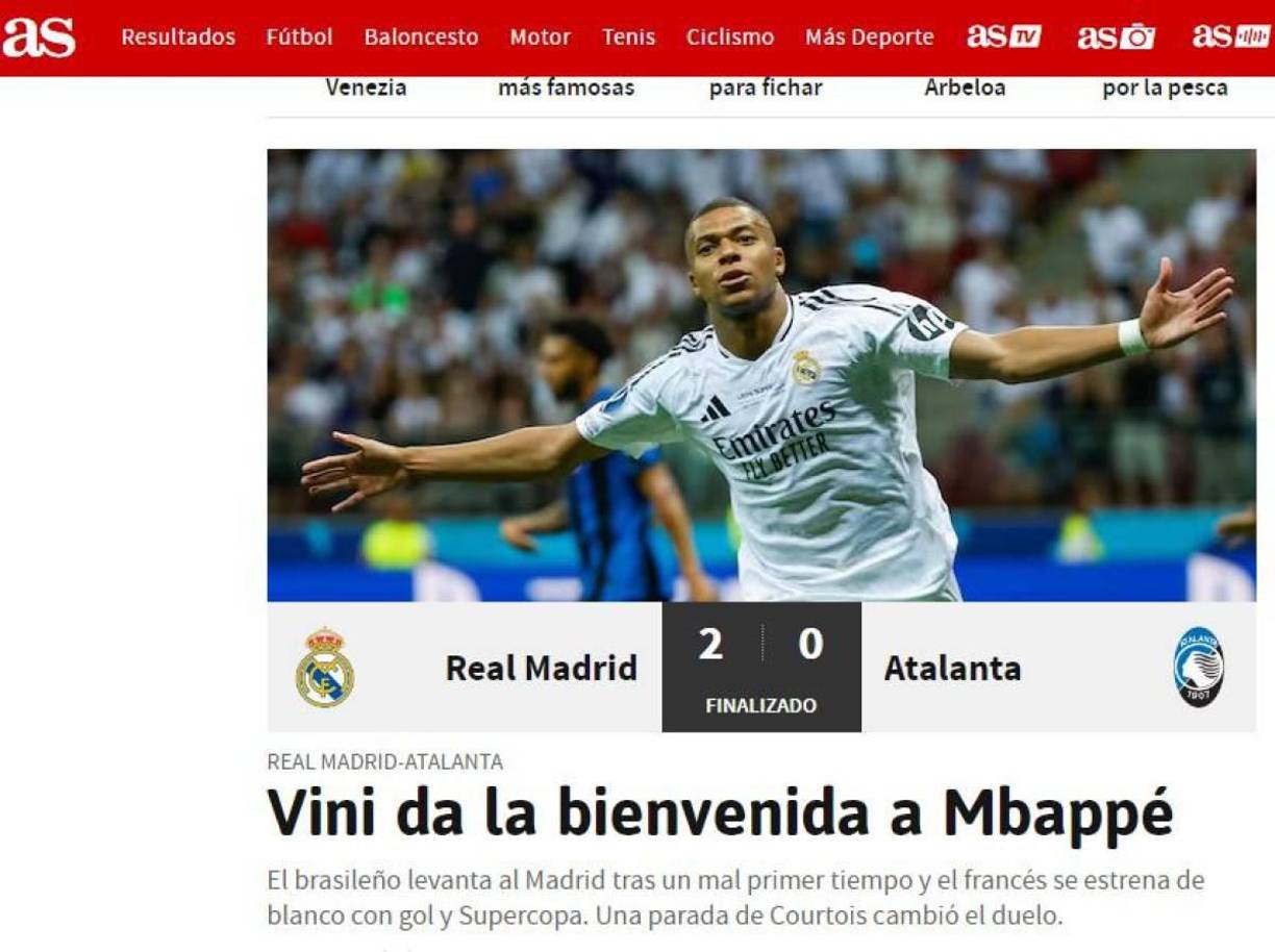 Diario As de España: “Vini da la bienvenida a Mbappé”.